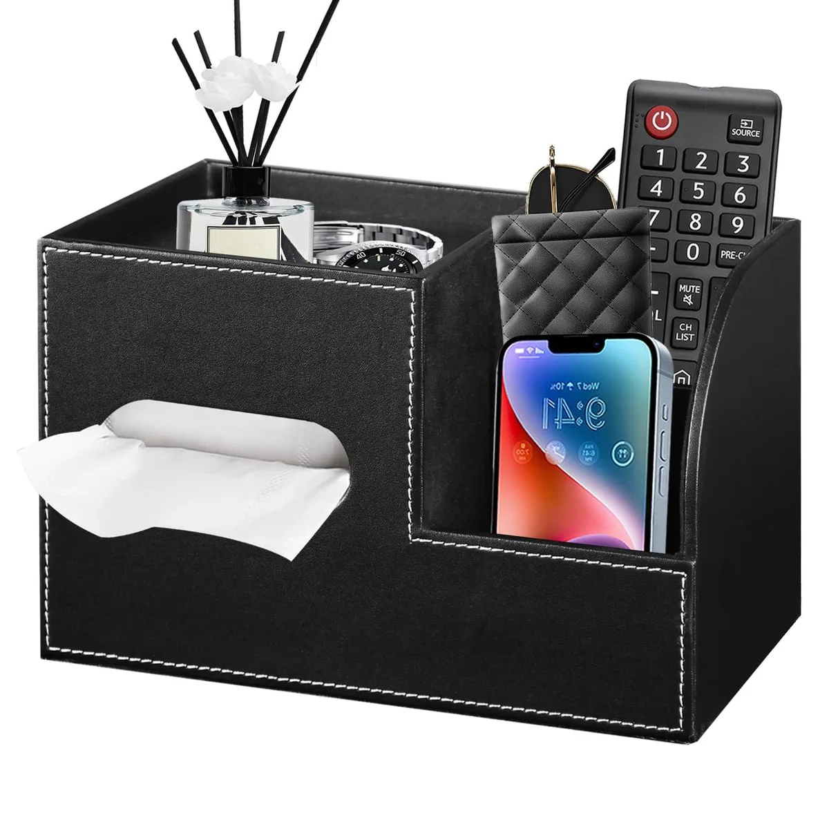 Black square tissue box cover with top tray and side compartments, PU leather finish, 9.4 x 5.9 x 6.3 in