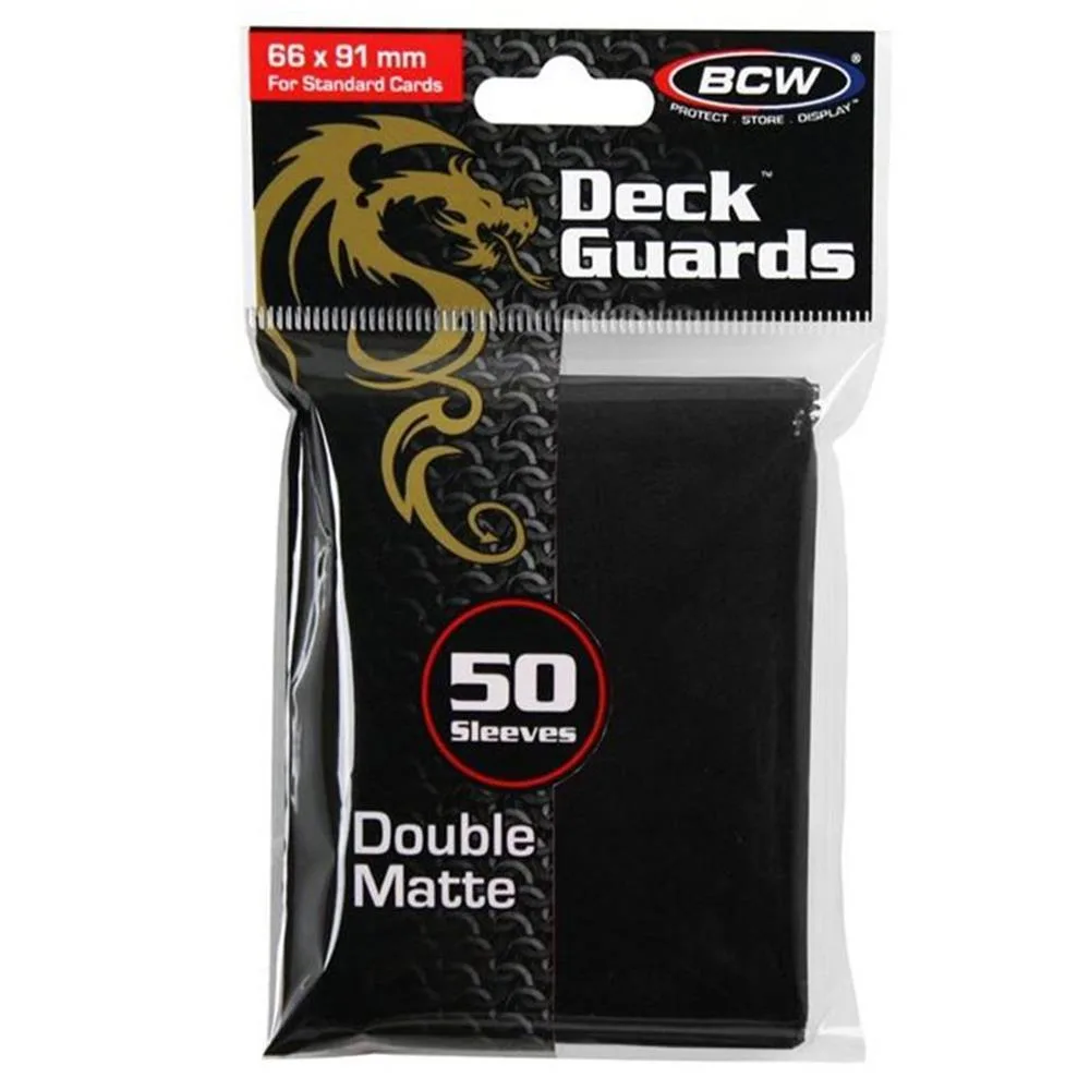 A pack of fifty black matte card sleeves with clear fronts