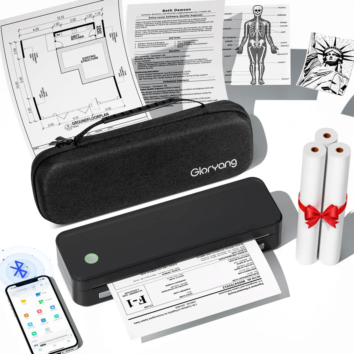 Black rectangular thermal printer with carry case and paper rolls