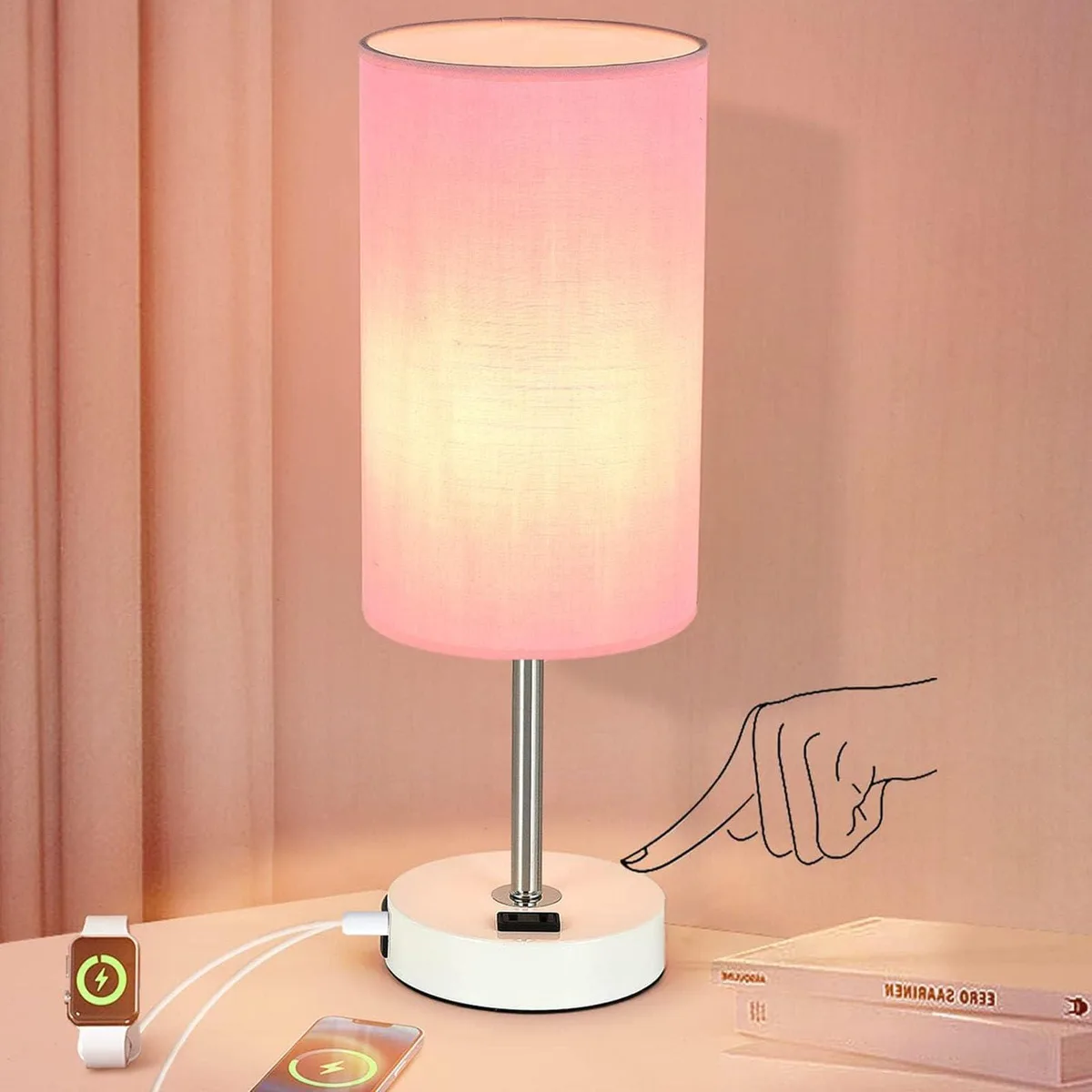 White base table lamp with pink fabric shade, touch control, USB-C, USB-A and AC outlet, 15.5 inches tall