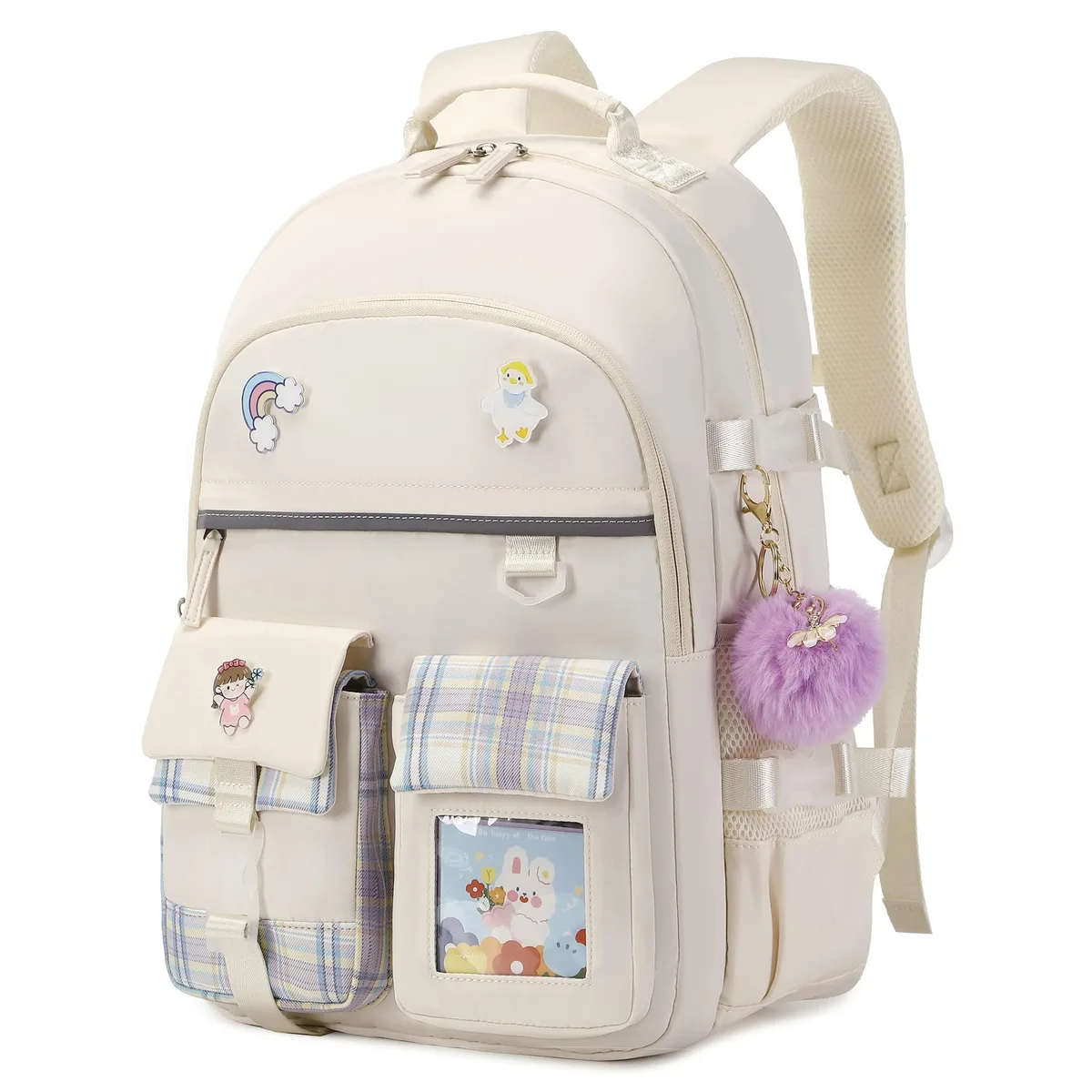 Beige nylon laptop backpack with padded straps and fluffy ball pendant