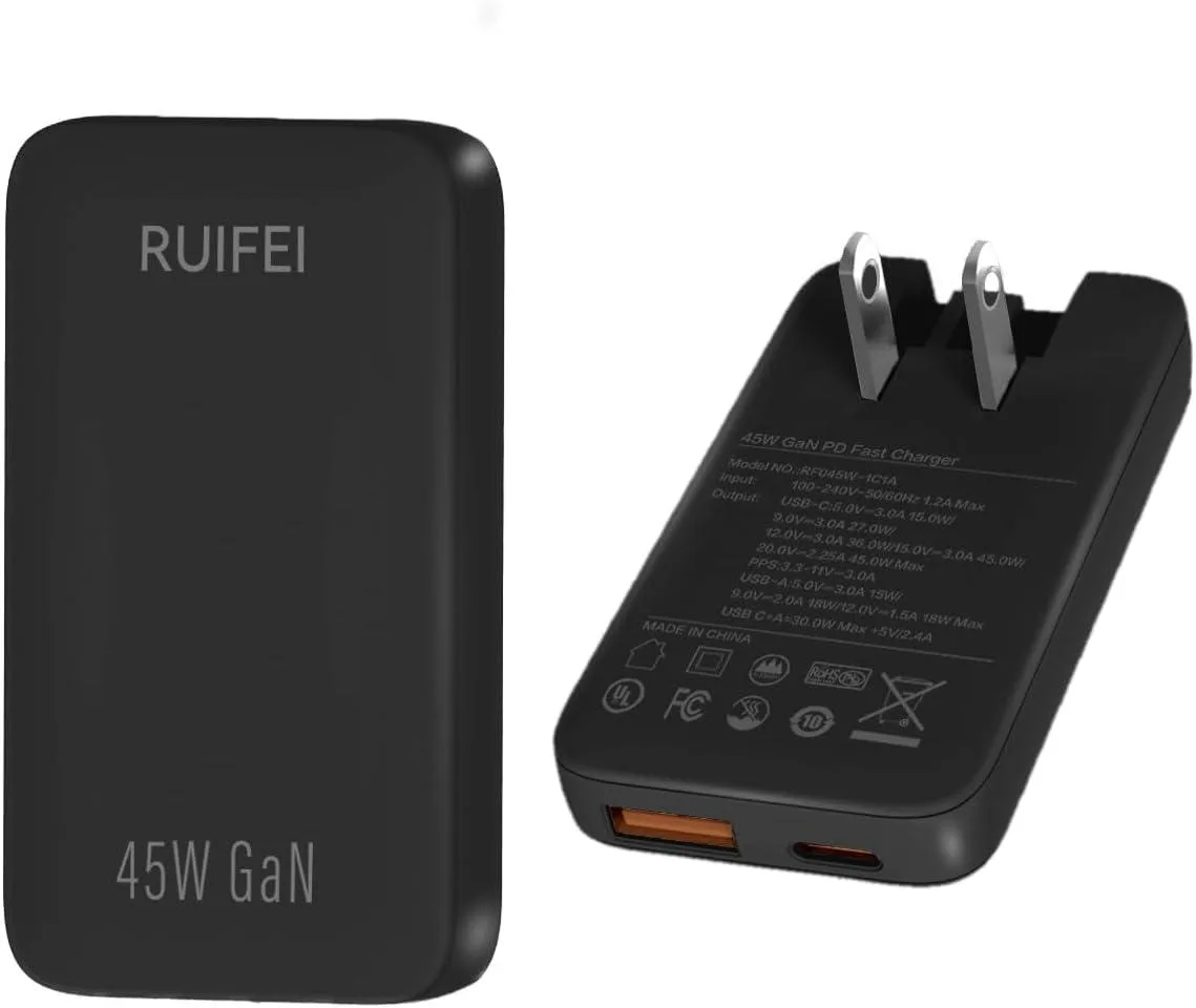 ONITOON ONITOON 45W Flat USB-C Wall Charger 2-Port PPS GaN Black A+C — product photo