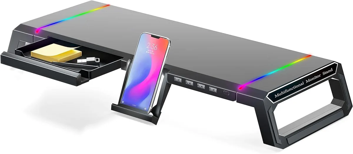 Mickey Technology Mickey Technology Monitor Stand USB 2.0 Hub RGB Storage Drawer Phone Holder Black — product photo