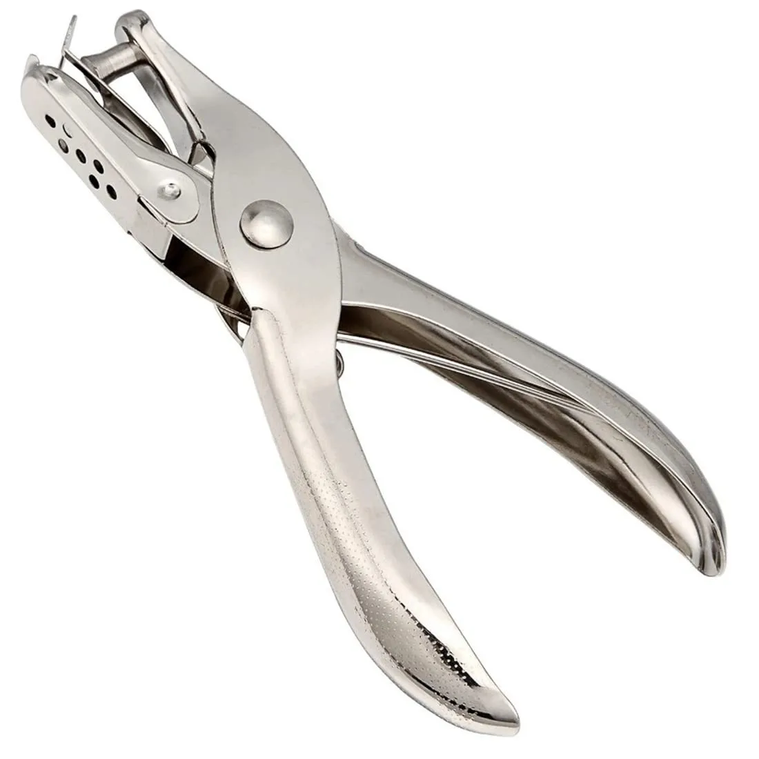 Silver metal single-hole punch, slim cylindrical body, 5.12in long, 6mm hole diameter