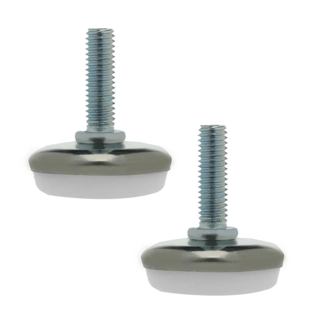 Two M6 threaded leveling feet with round plastic bases, silver metal stems, black foot pads