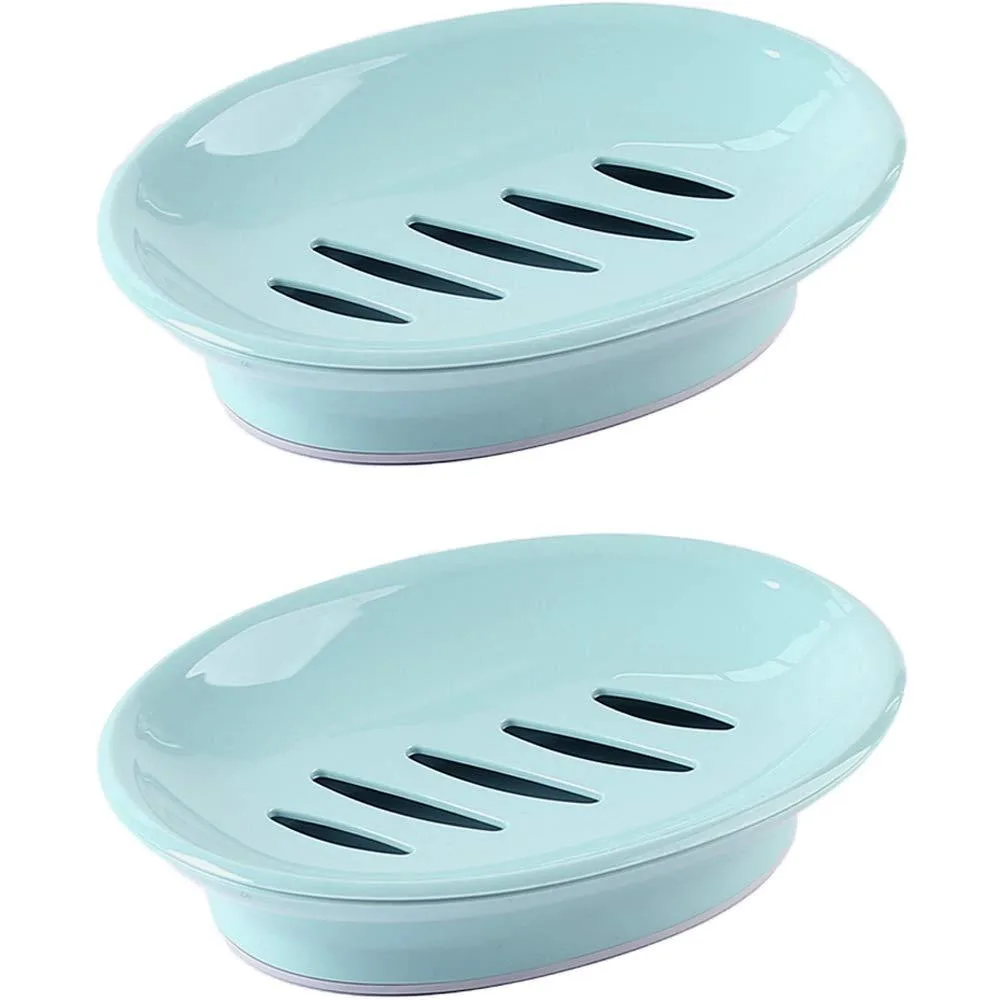 Two blue rectangular plastic soap dishes with slotted upper trays and solid bases, 6.1x4.5x1.4in