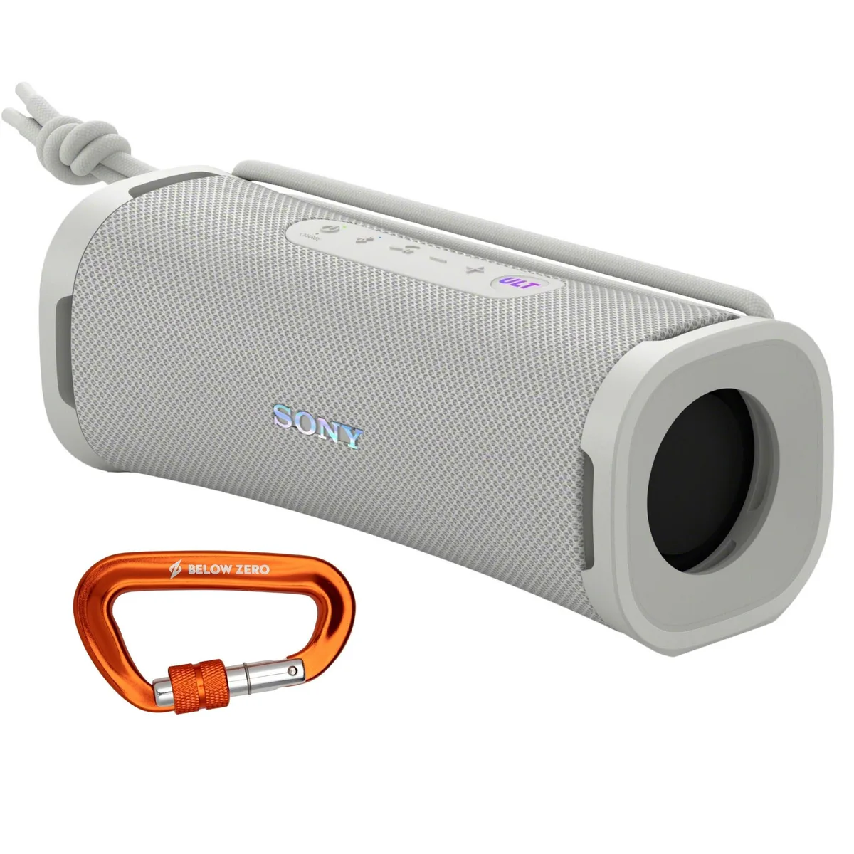 Sony Sony ULT FIELD 1 portable speaker (Off-White) with BELOW ZERO 12kN carabiner (Orange) — product photo