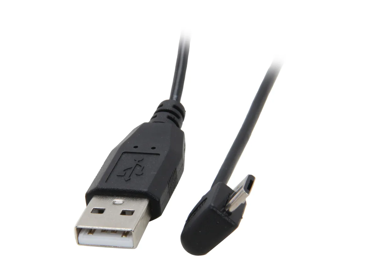 Black 3 ft USB A to left-angled Micro USB cable with molded connectors