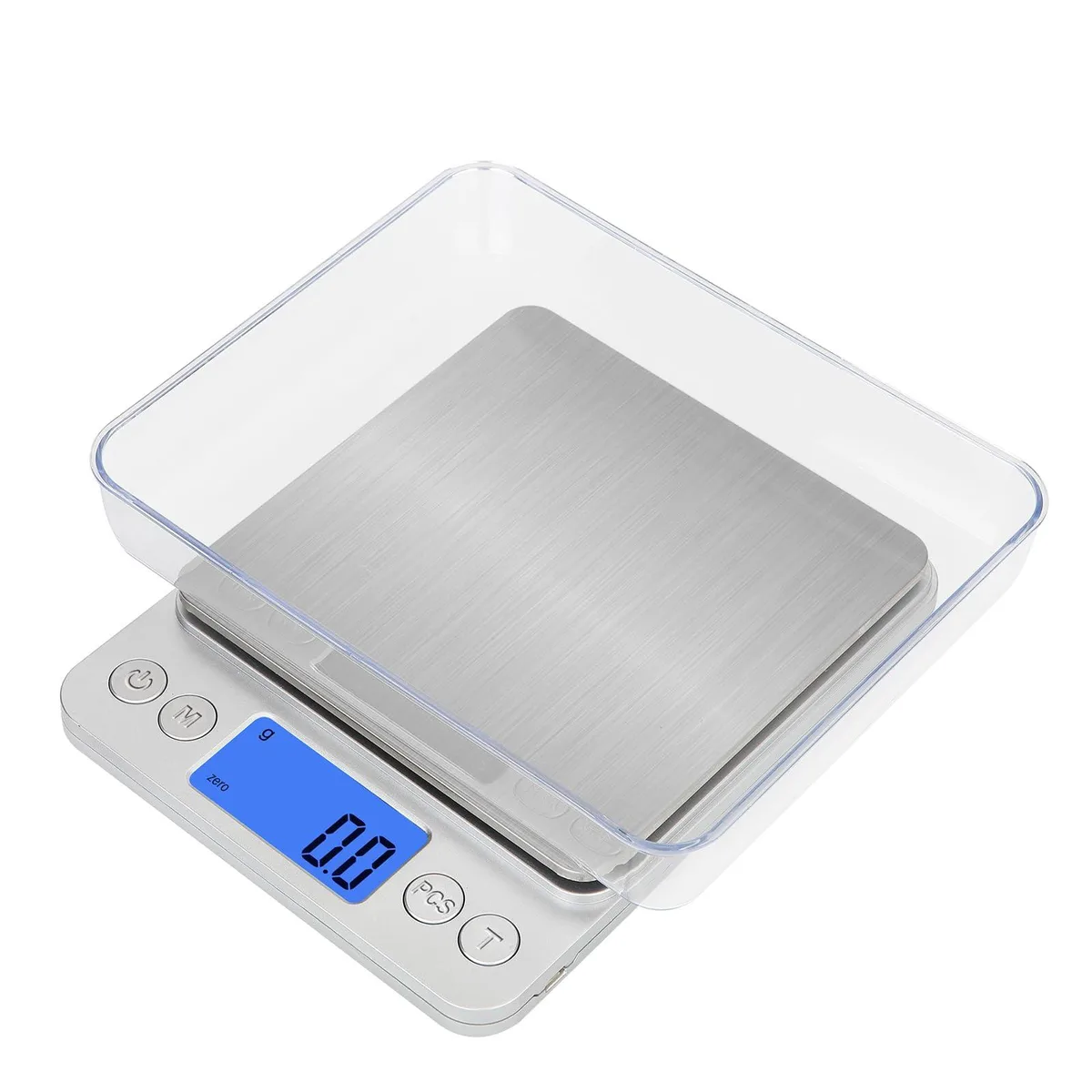 Rectangular silver digital scale with backlit LCD display and stainless steel platform