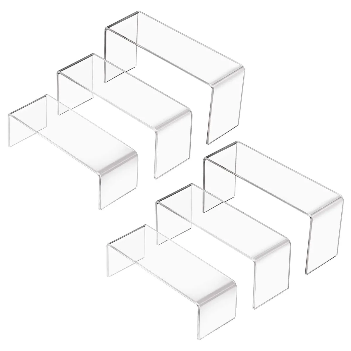 Two sets of clear acrylic rectangular risers in three graduated sizes, polished edges, lightweight shelf units
