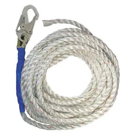 White 25 ft polyester vertical lifeline with steel snap hook and thimble eye