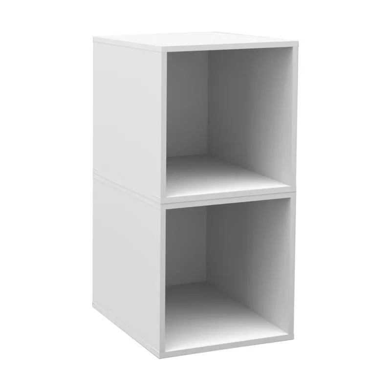 Two white wooden cube shelves, stackable design
