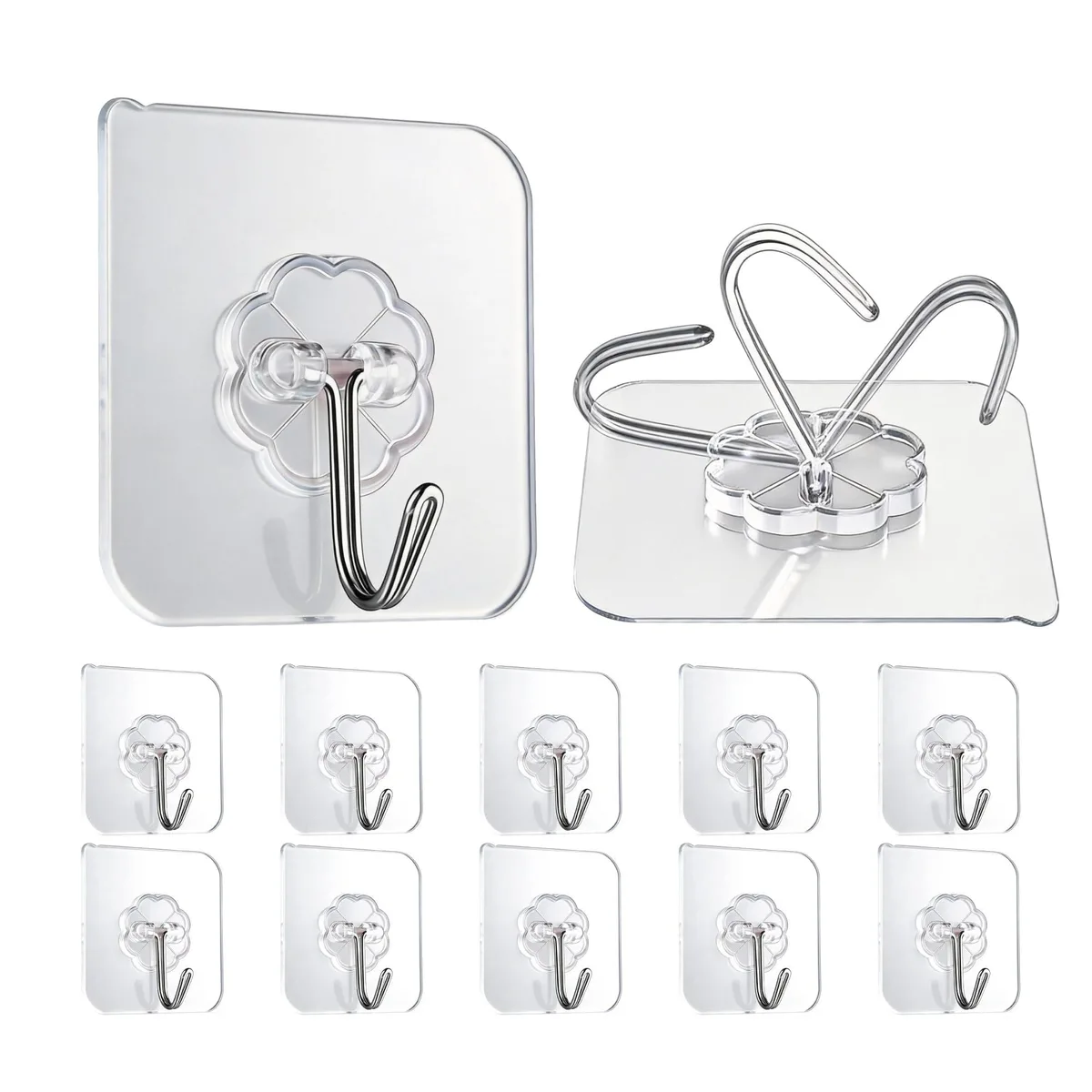 Ten transparent stainless steel adhesive hooks in a compact square shape