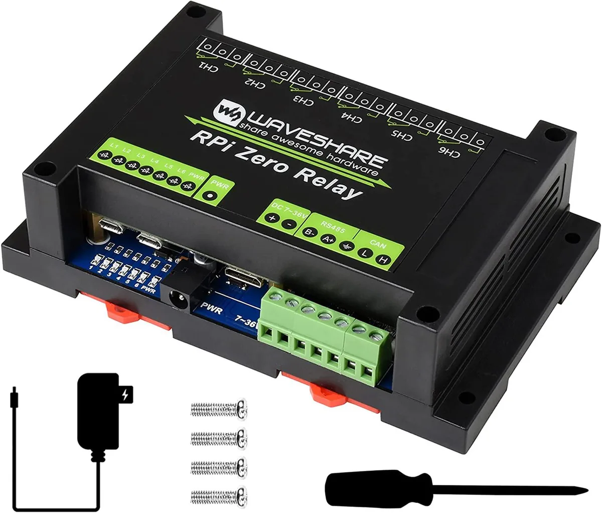 WaveShare WaveShare Industrial 6-CH Relay Module for Raspberry Pi Zero RS485 CAN 10A 250V AC 30V DC — product photo