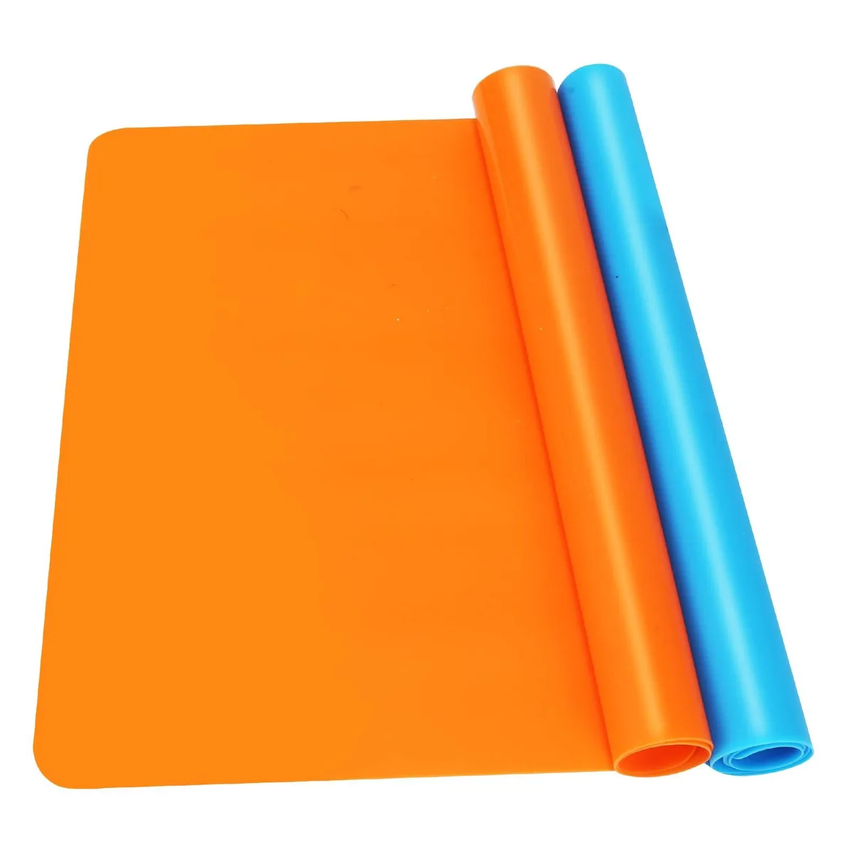 Two rectangular silicone mats, orange and blue, flat on a surface