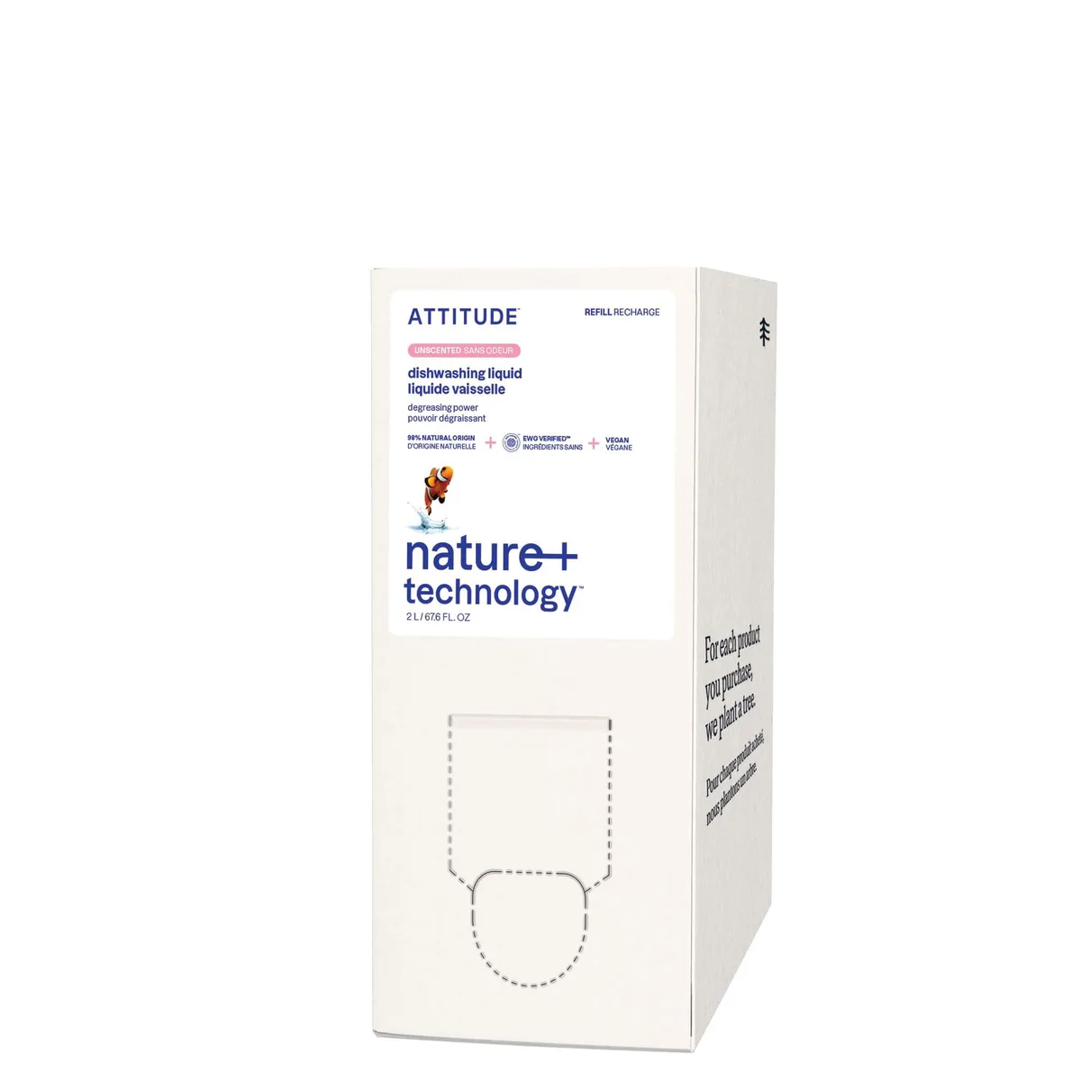 A tall cardboard refill carton of unscented plant-based dish soap, 67.6 fl oz