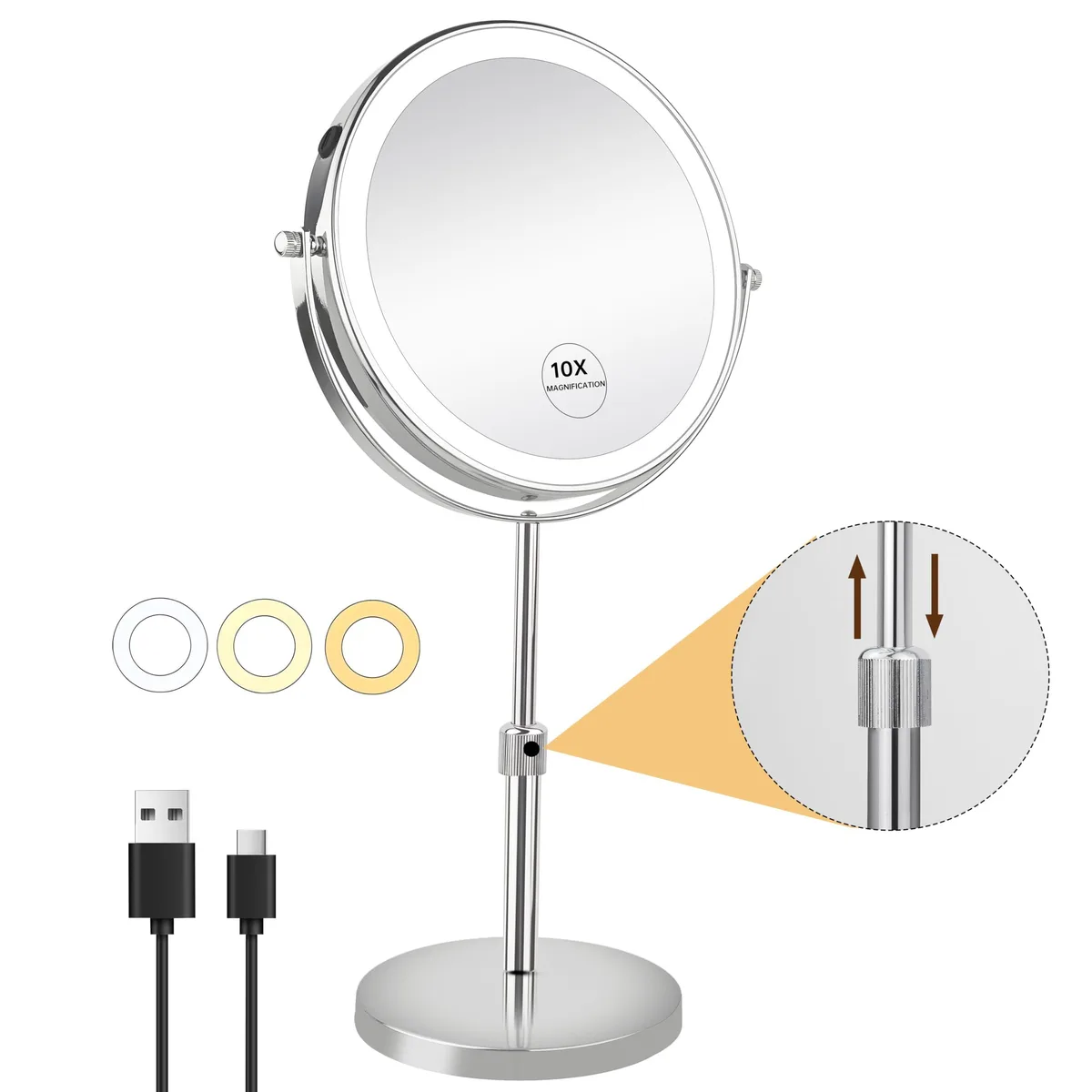 Silver round tabletop mirror with adjustable stand, built-in LED ring light, double-sided 1X and 10X magnification, USB-C rechargeable