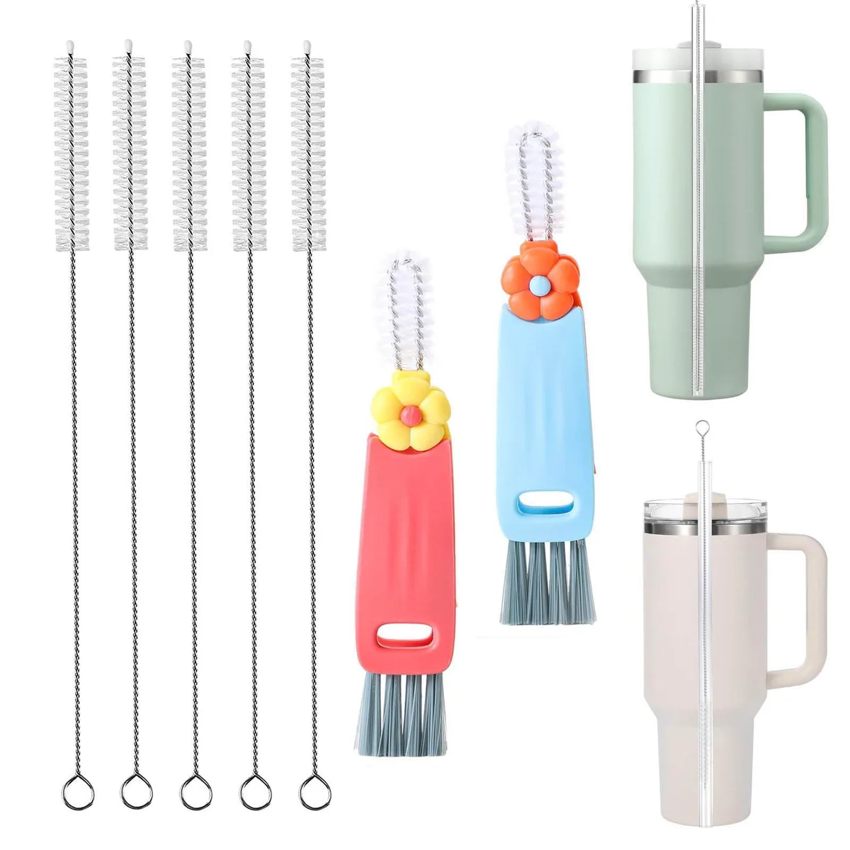 Seven-piece cleaning kit with five 13-inch straw brushes and two 3-in-1 lid brushes
