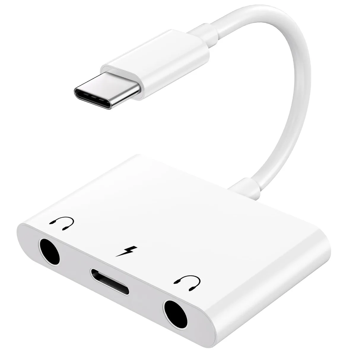 White USB-C to 3.5 mm adapter with charging port, compact rectangular body