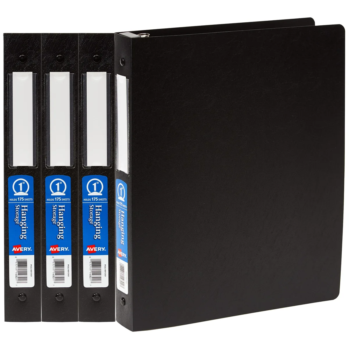 Four black 1-inch 3-ring binders with built-in hanging hooks and clear spine label holders