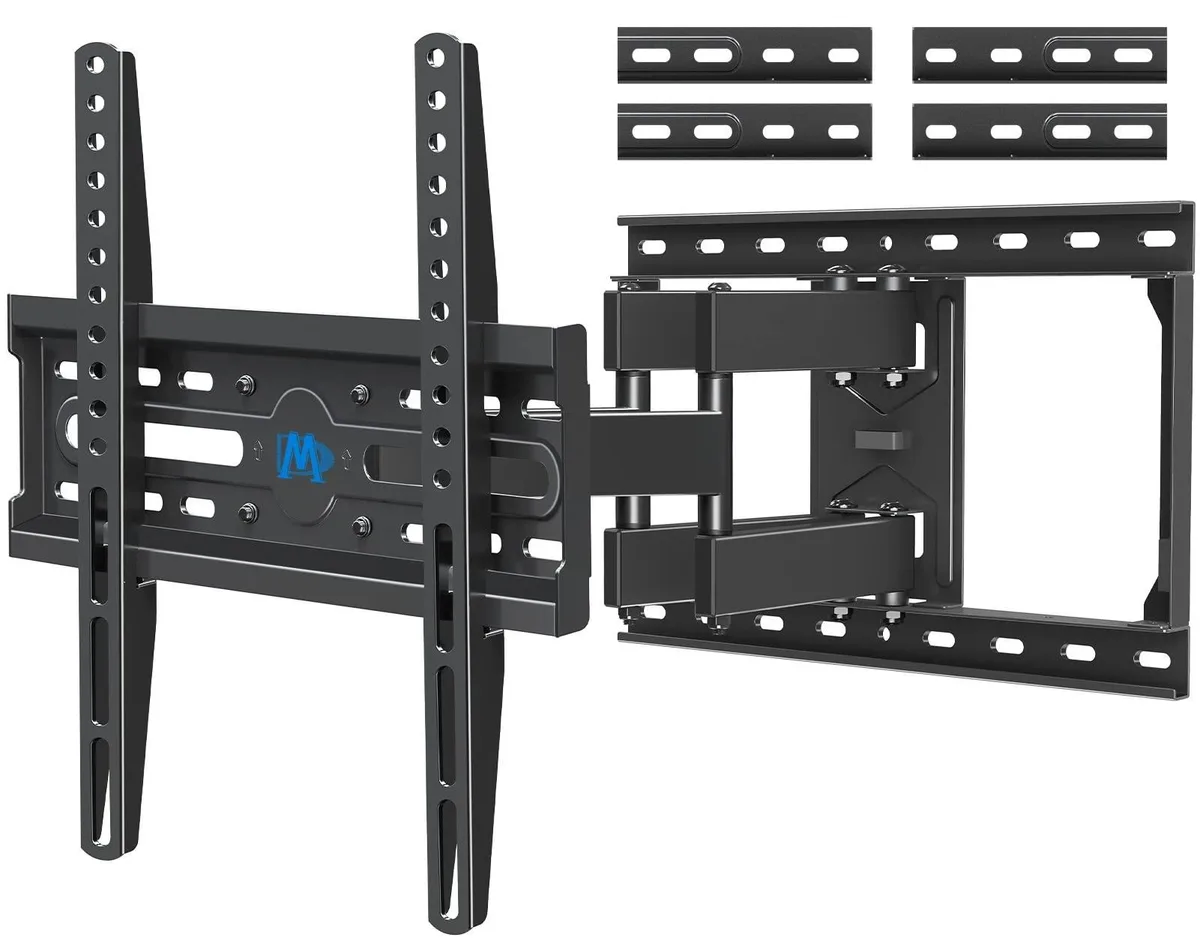 Black full-motion TV wall mount with dual articulating arms, extends 15.2 inches from wall