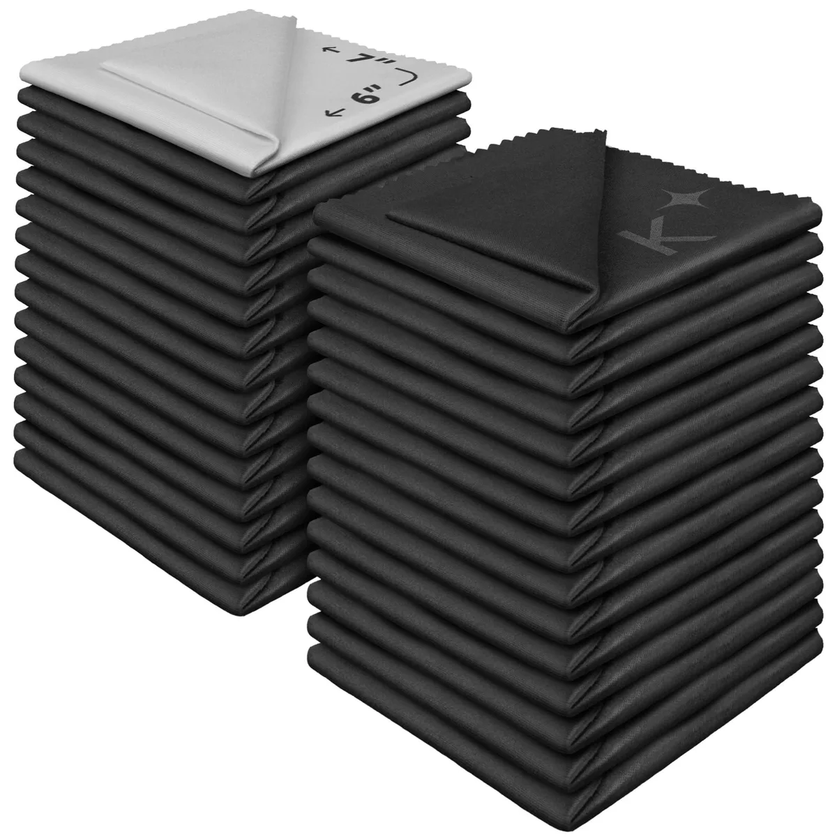 Stack of thirty microfiber cloths, mostly dark grey with one white cloth visible