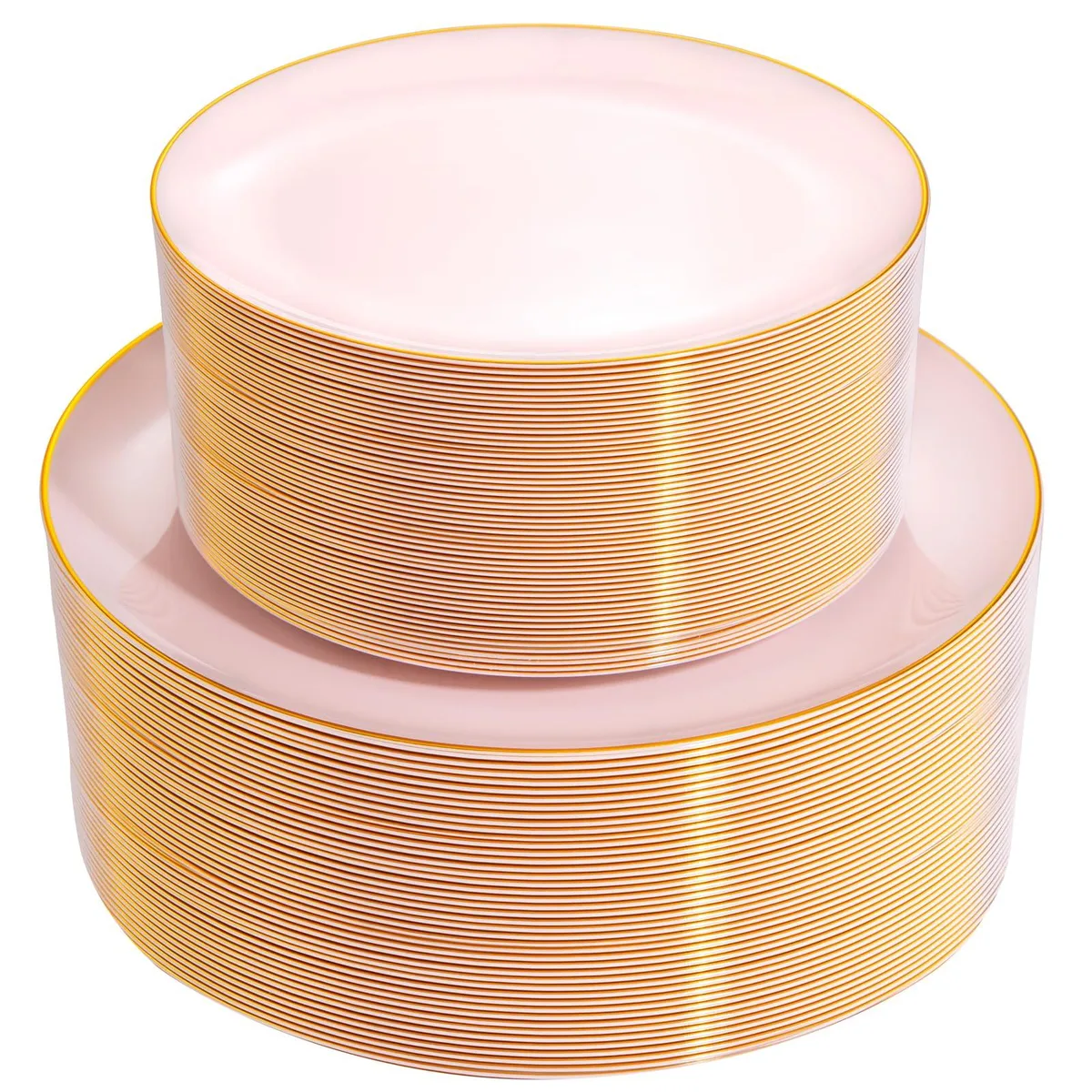 Stack of 30 white rectangular plastic plates with pink rim