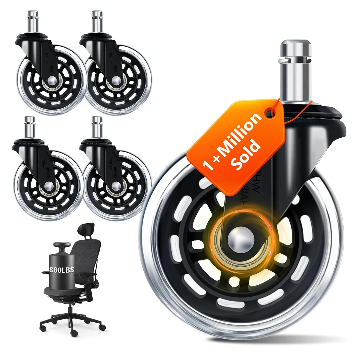  Baldwin 3 Inch Office Chair Wheels Set of 5 880 Pounds 11mm Stem — product photo
