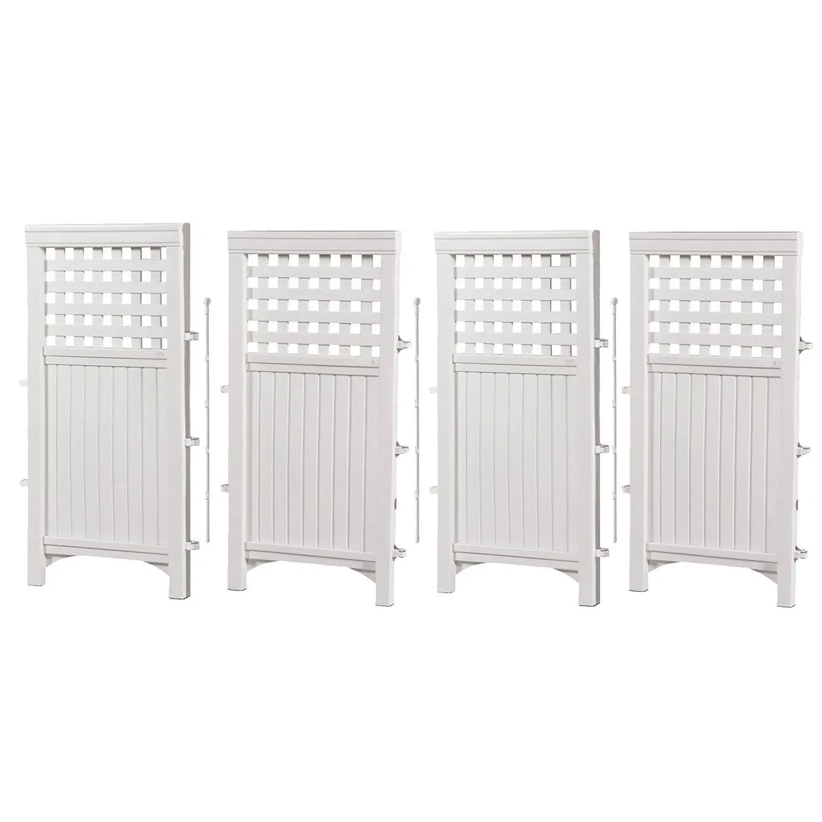 White resin wicker screen enclosure with four panels and five steel posts