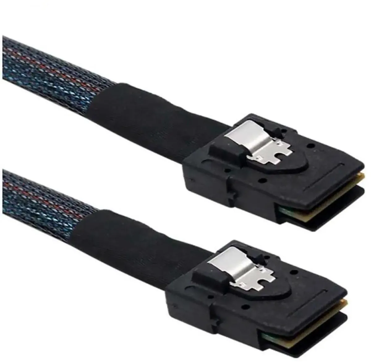 Black flat Mini SAS SFF8087 cable, one metre, straight-through connectors
