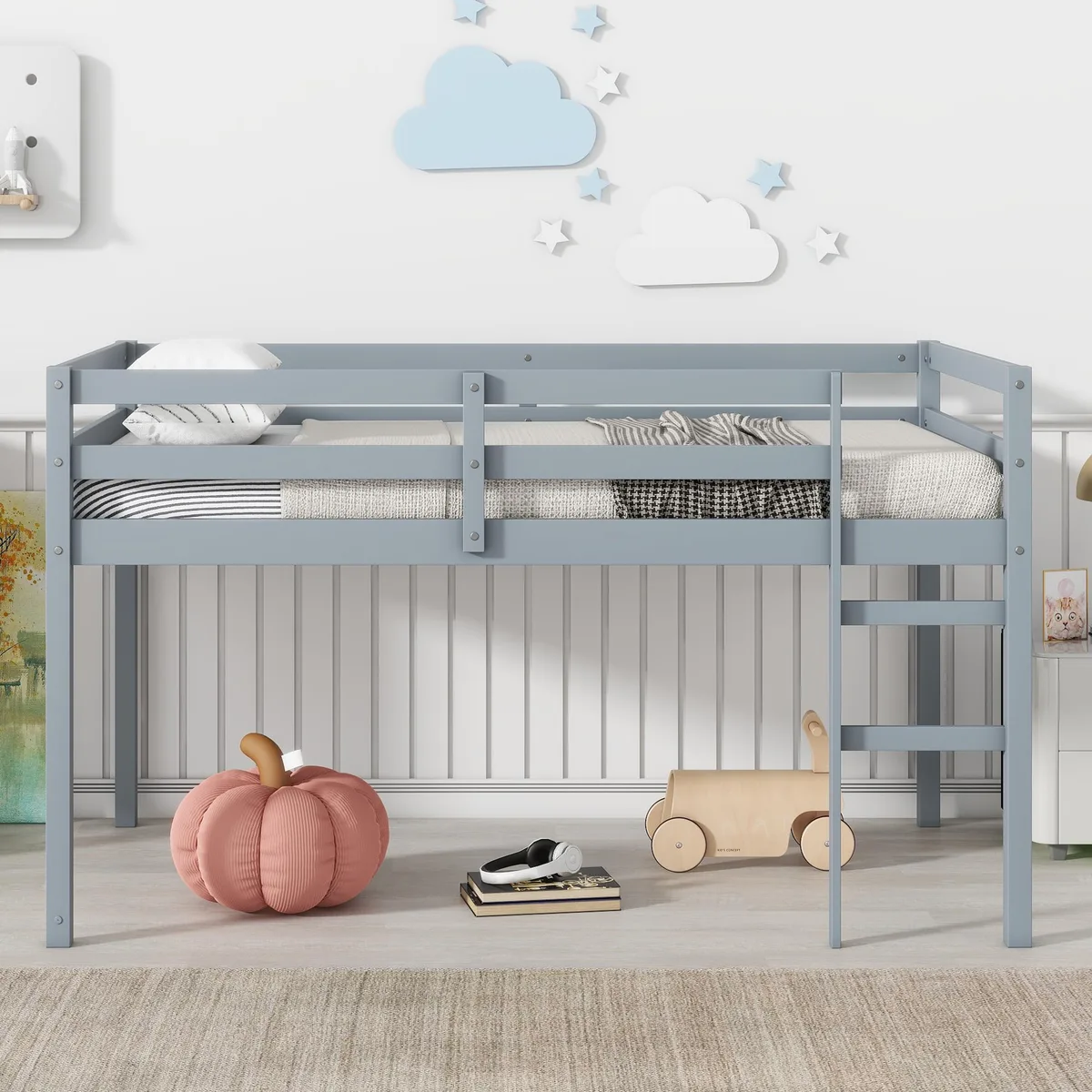Grey wooden twin loft bed with ladder and 13 slats