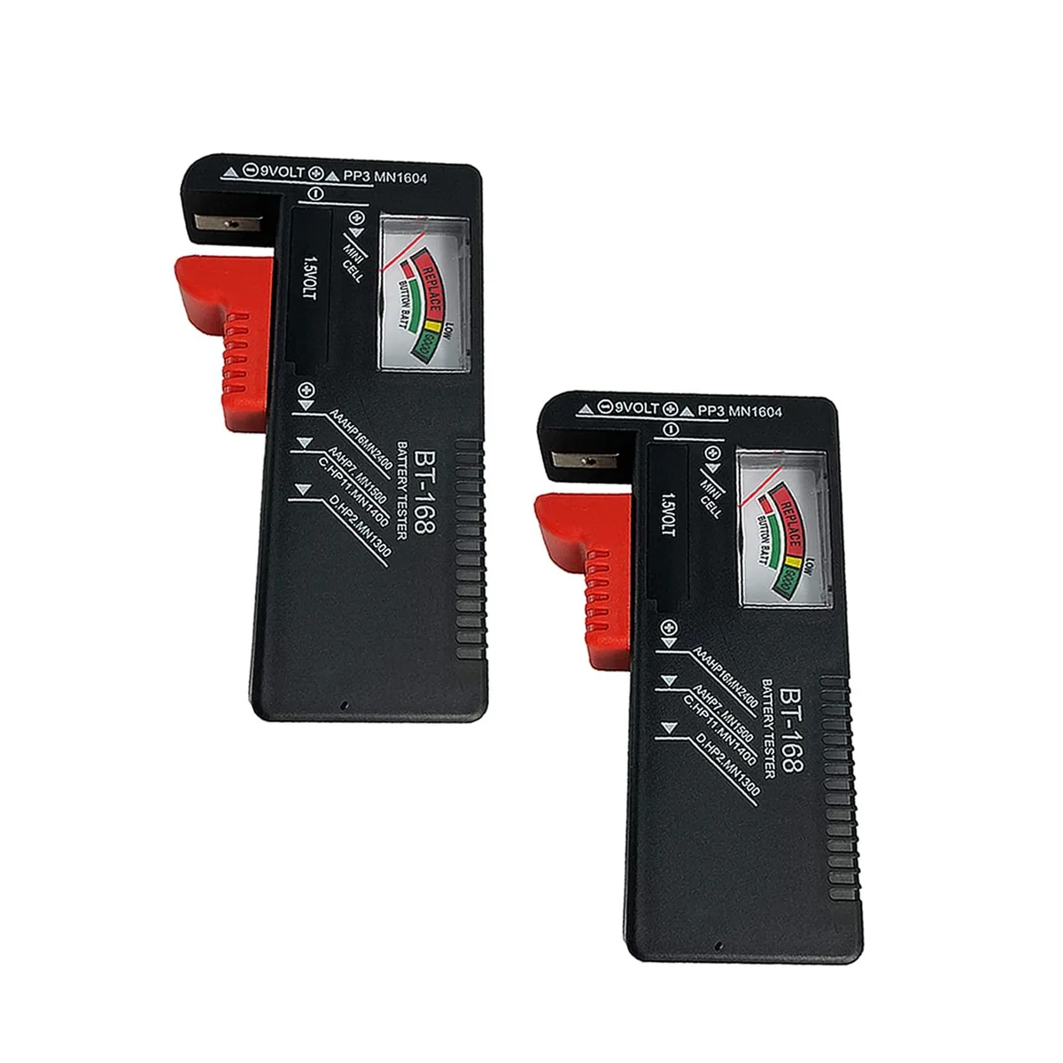 Small rectangular battery tester with analog needle display and color-coded scale