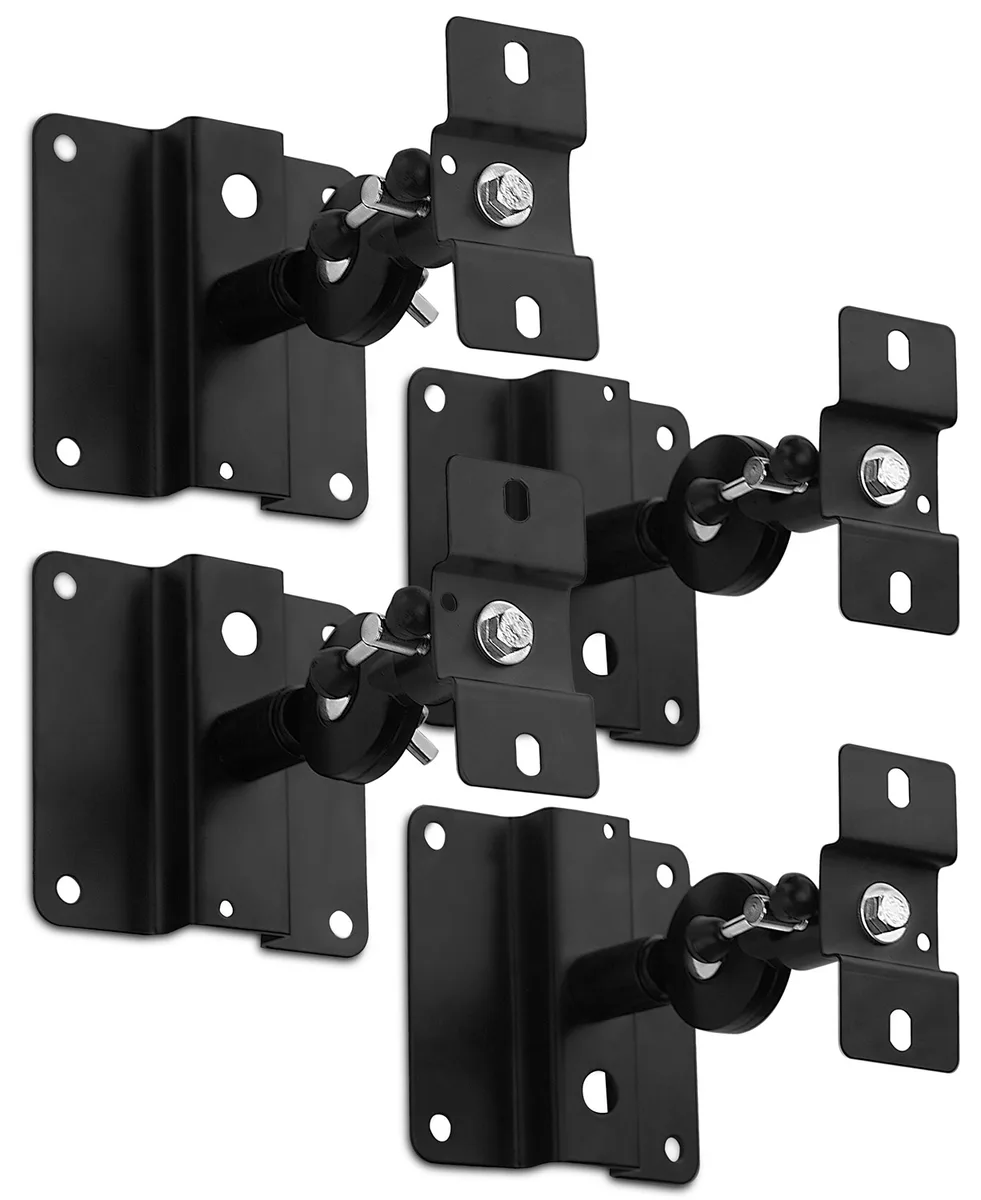 Four black metal speaker brackets with tilt and swivel joints