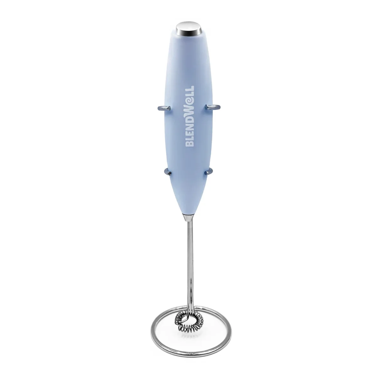 Light blue handheld drink mixer with stainless steel whisk and stand