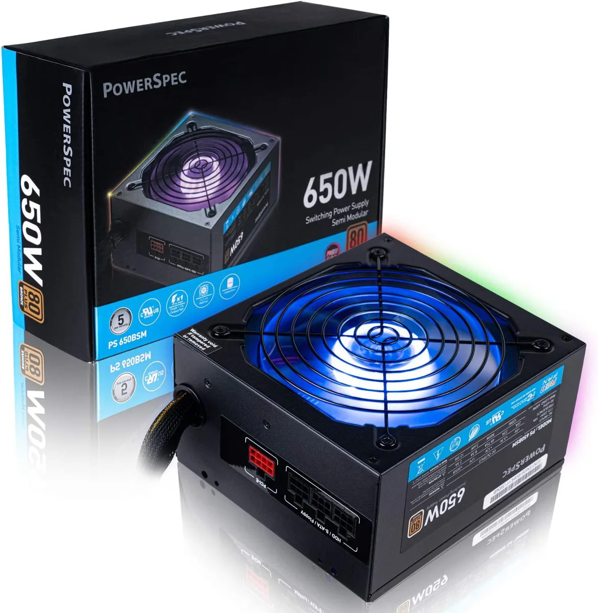 myVolts myVolts PowerSpec 650 Watt 80 Plus Bronze Semi Modular ATX Power Supply with RGB Fan — product photo