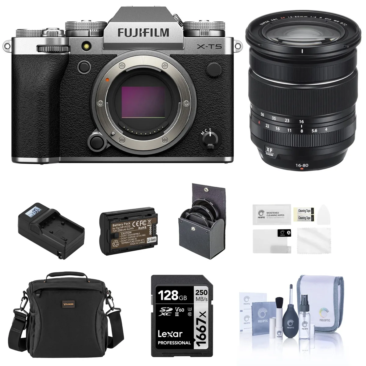 FUJIFILM FUJIFILM X-T5 Silver with XF 16-80mm f/4.0 R OIS WR Lens compact mirrorless camera — product photo