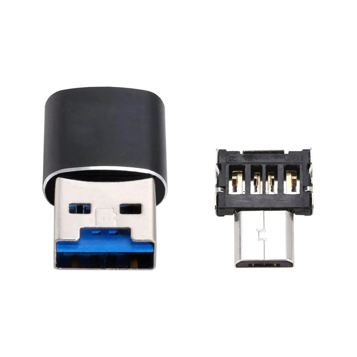Small black USB 3.0 micro SD card reader with micro USB OTG adapter