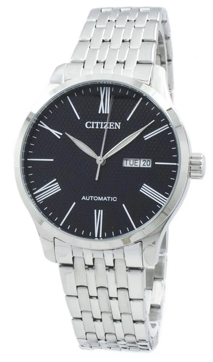 Silver stainless steel round watch with black textured dial, Roman numeral indices at 12, 4, 6, 8, 10, metal bracelet, fold-over clasp