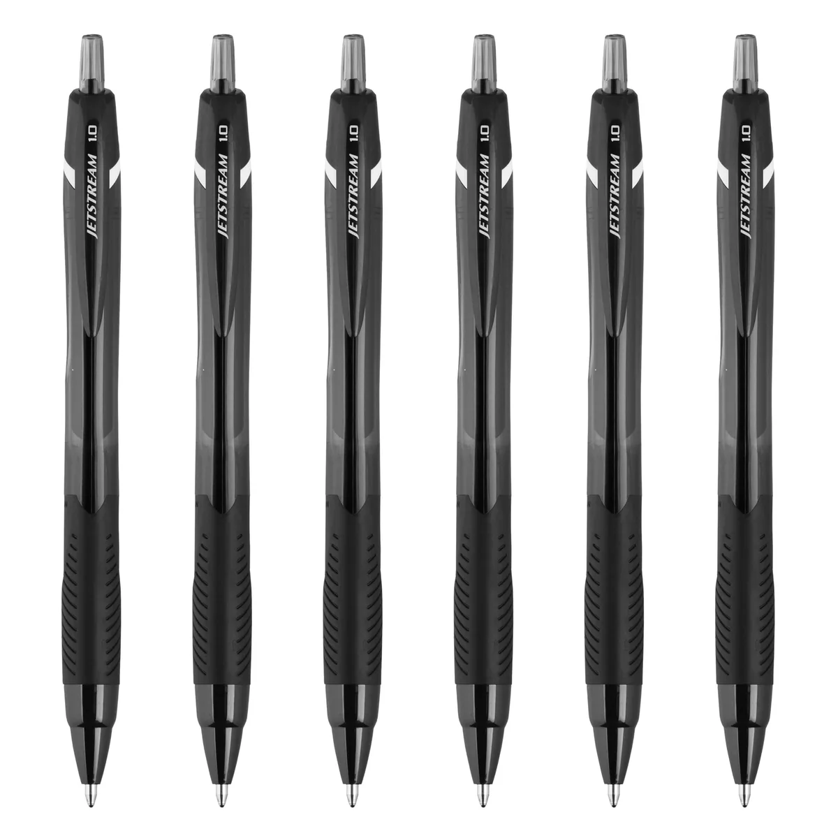 Six black ballpoint pens with contoured grips, 1.0mm tips, hybrid ink, quick-drying, acid-free, uni Super Ink