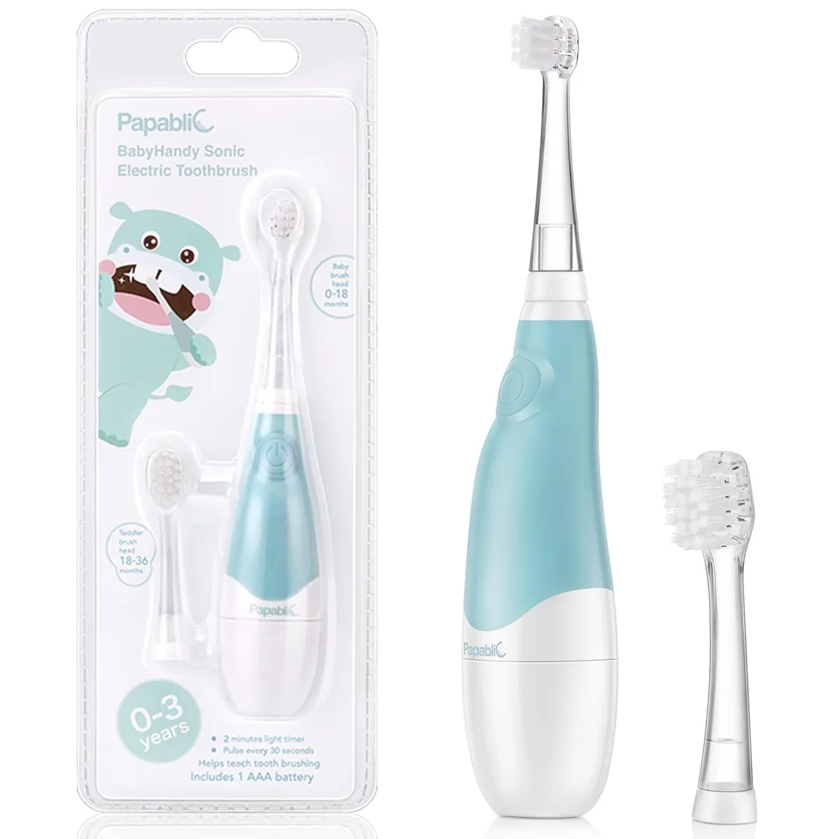Small blue plastic electric toothbrush with LED light, soft bristles and ergonomic handle for babies