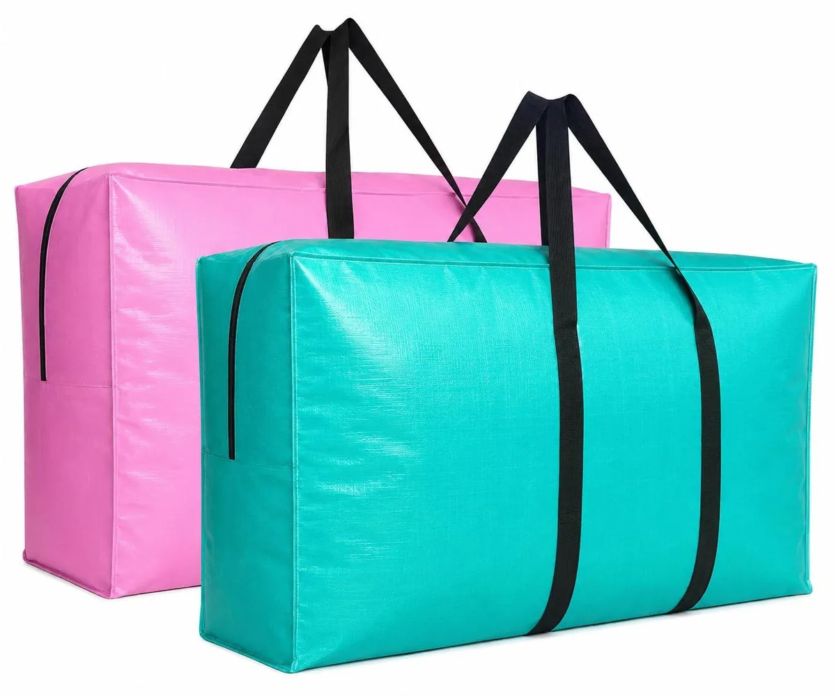 Rectangular foldable storage bag, pink and turquoise polypropylene, zipper closure, 42 by 13.5 by 23 inches