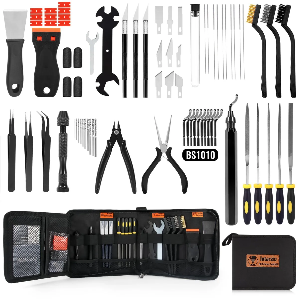 Black 68-piece 3D printer tool kit in 900D Oxford case with orange tags