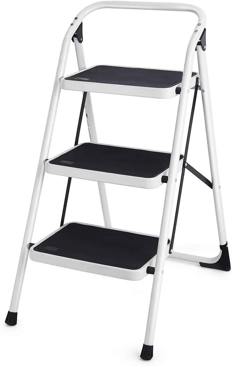 Black three-step steel folding ladder with handgrip and wide anti-slip platforms