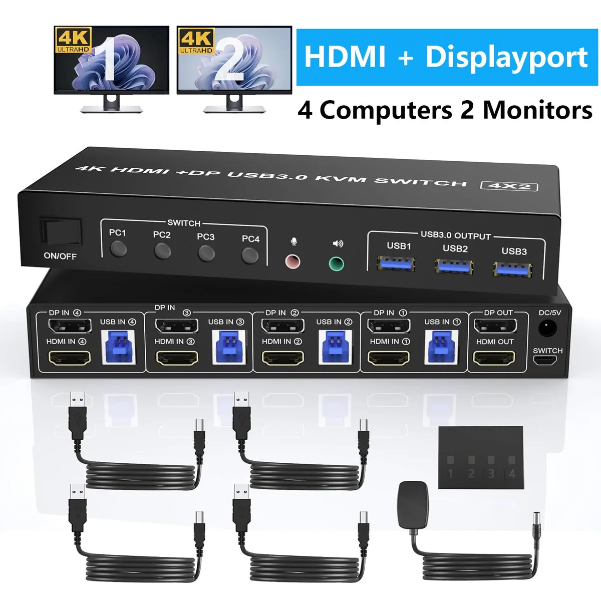 Hitoor Hitoor 4K@60Hz DP+HDMI Dual Monitor KVM Switch 4 PC 2 Mon USB 3.0 Audio — product photo