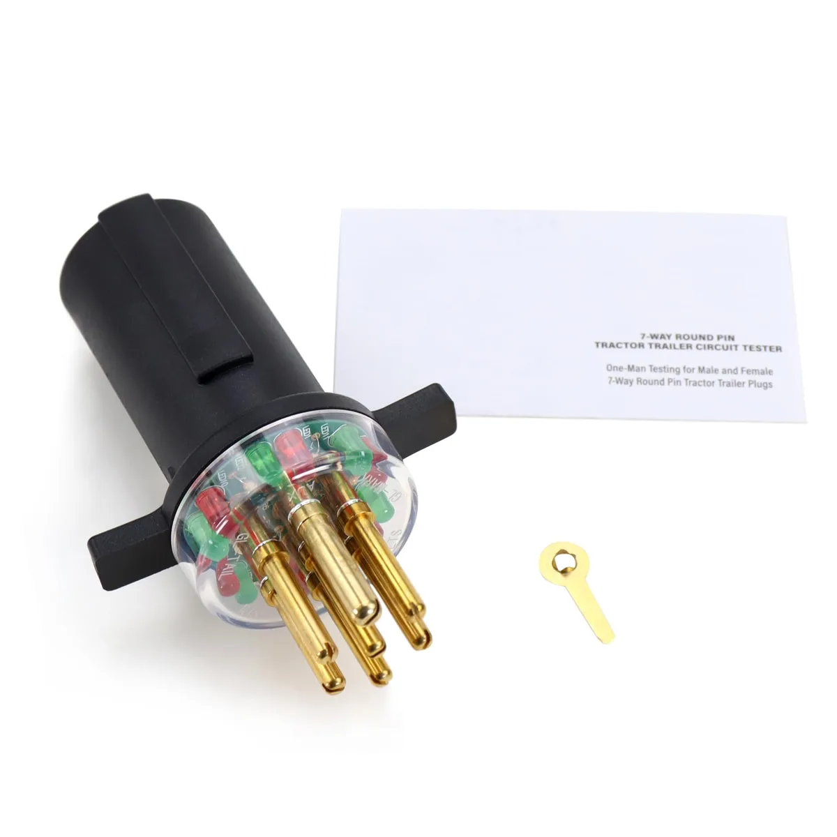 Black rectangular 7-way round pin trailer circuit tester with winged handle and LED indicators