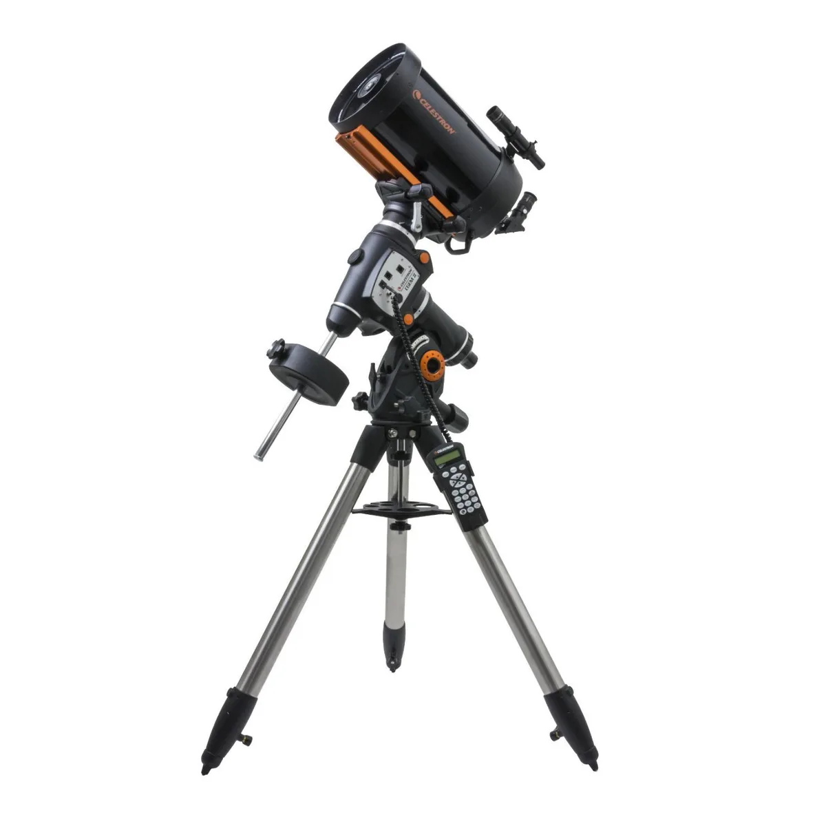 Large silver Schmidt-Cassegrain telescope tube on computerized equatorial mount with hand controller