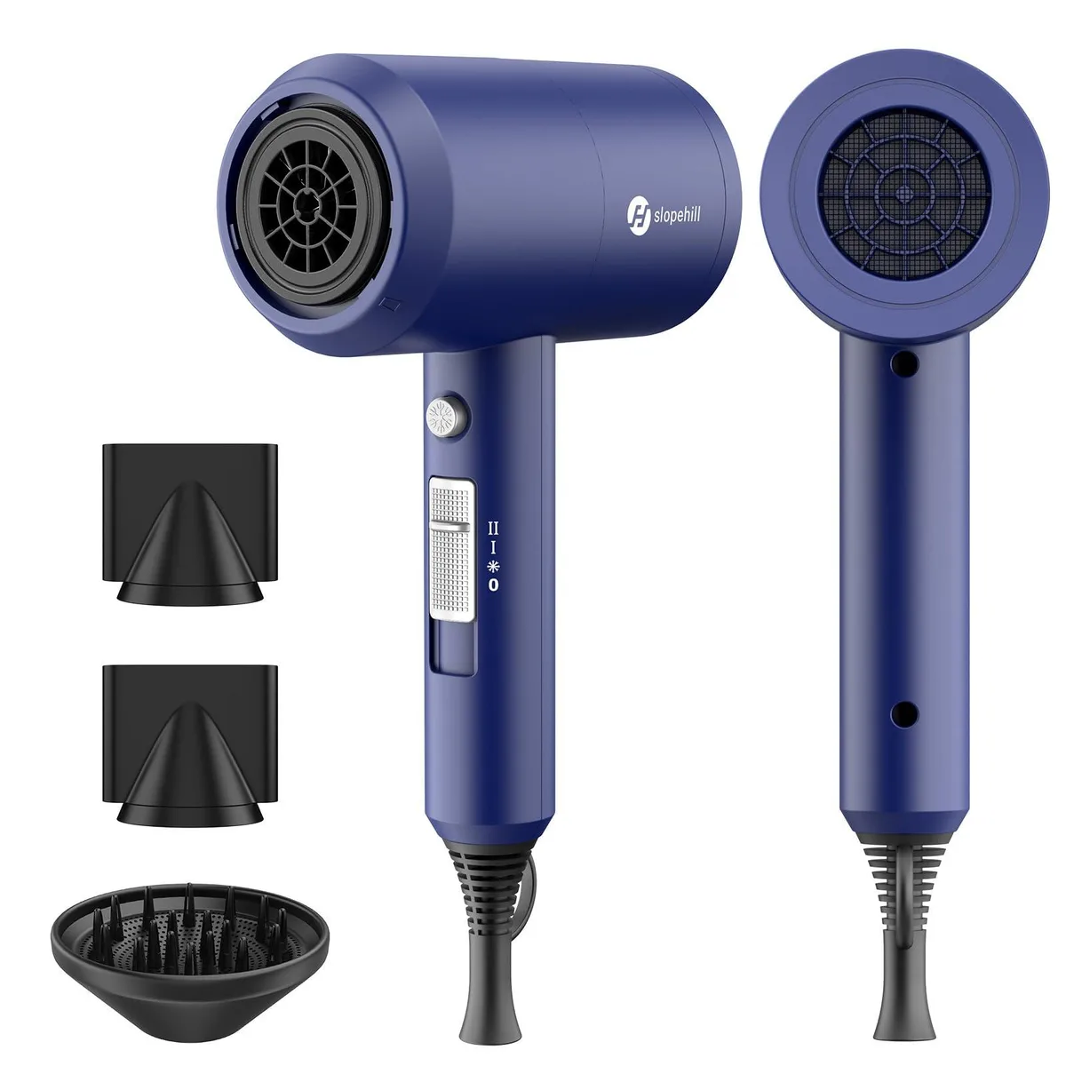 Prussian blue hair dryer with concentrator and diffuser attachments