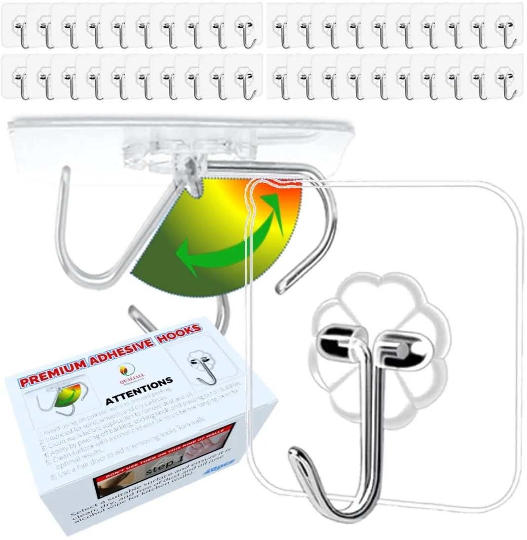 Transparent adhesive hooks, pack of 40, clear plastic finish