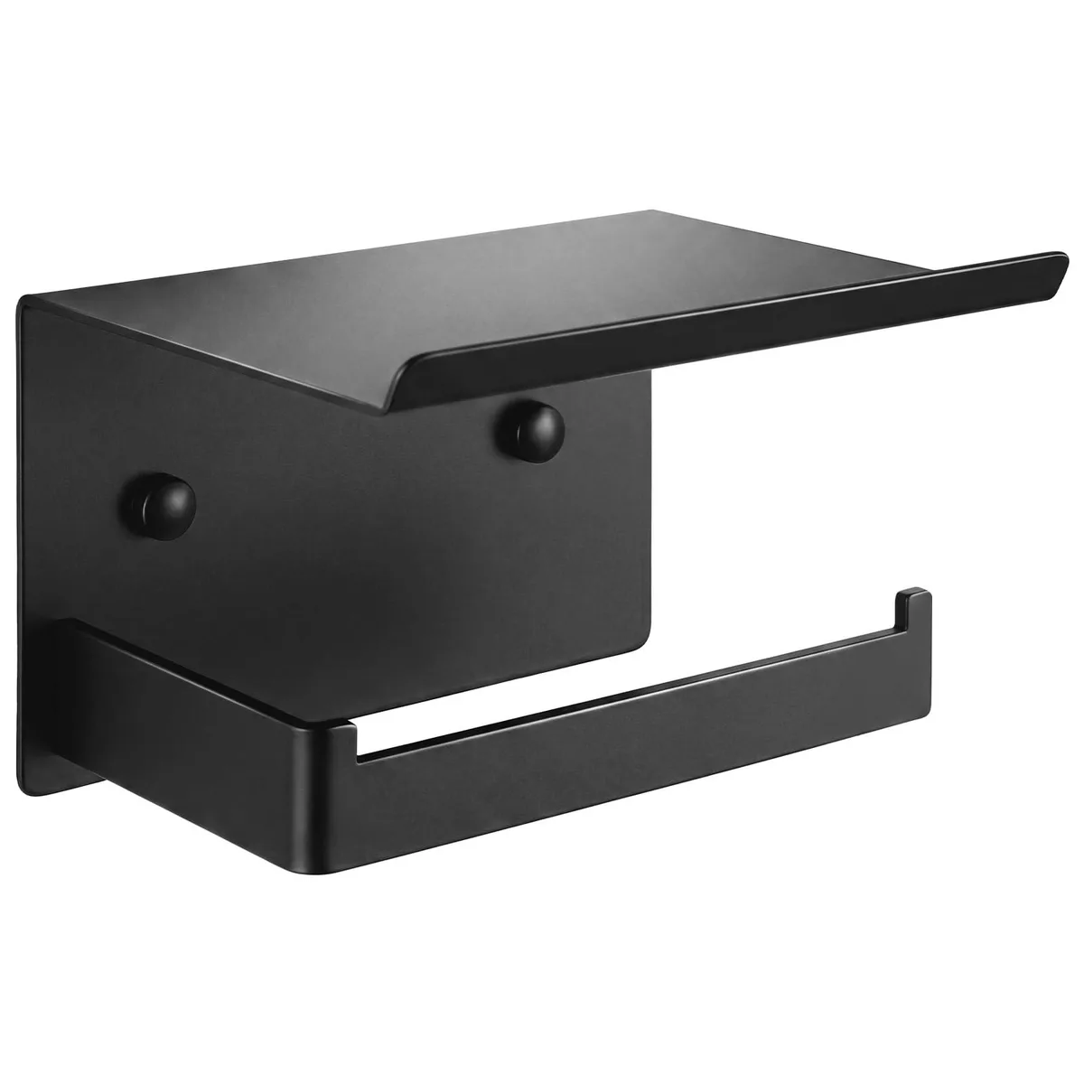 Matte black carbon steel toilet paper holder with integrated shelf and curved lip