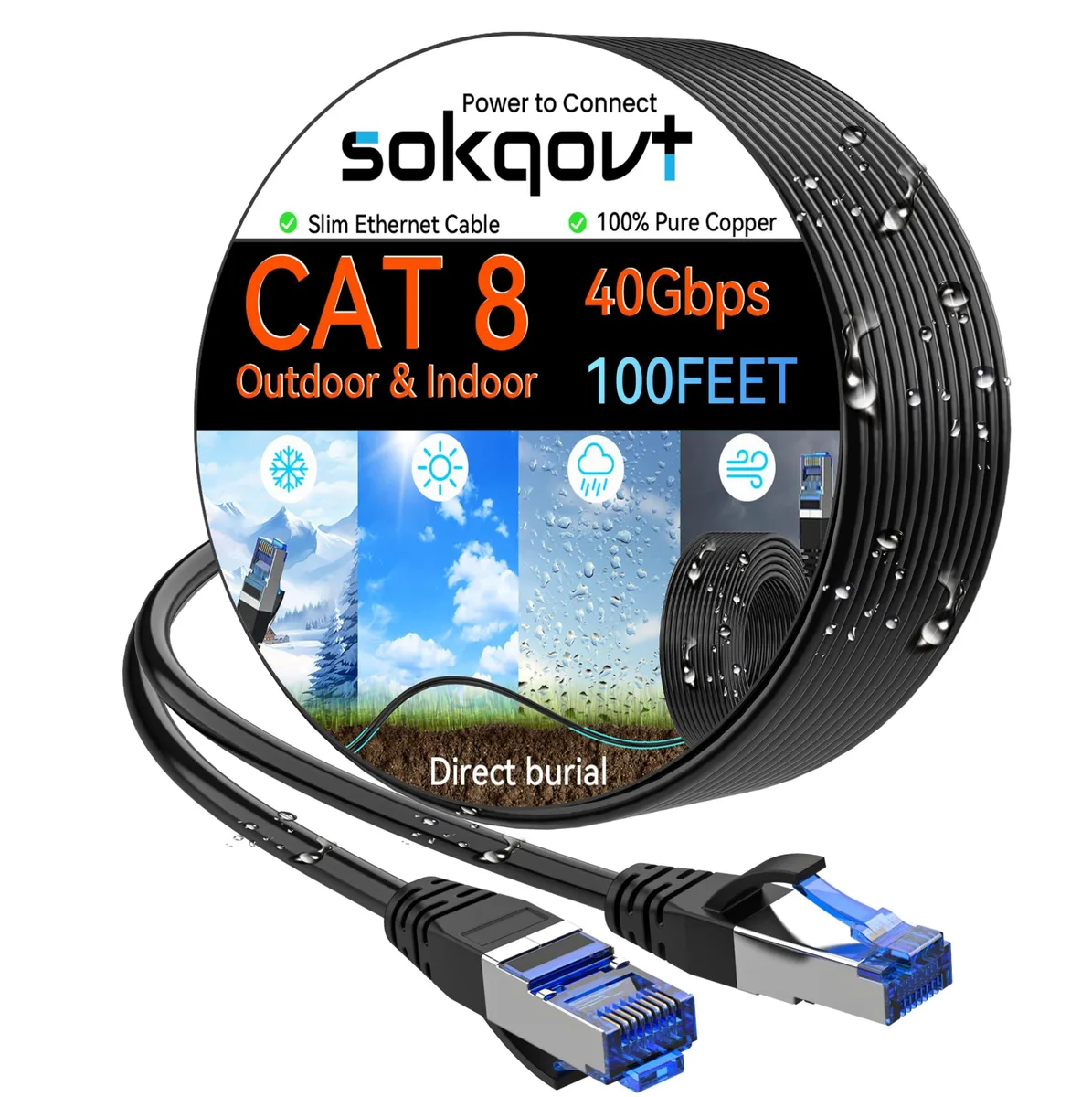 Flat black Cat 8 Ethernet cable with RJ45 connectors, 100ft length